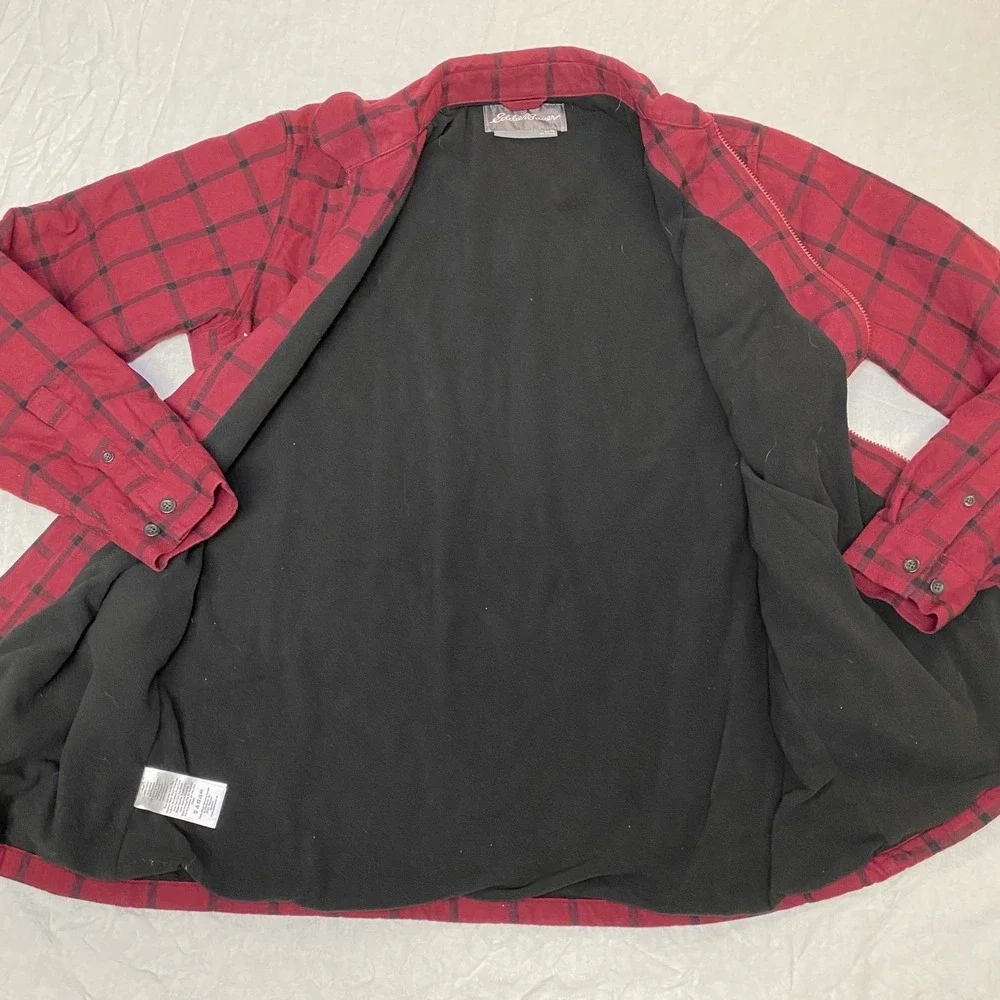 Eddie Bauer Shirt Jacket Mens TL Red Plaid‎ Flannel Fleece Lined Zip